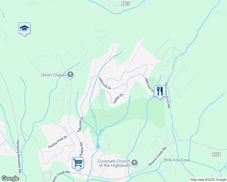 map of restaurants, bars, coffee shops, grocery stores, and more near 50 Hillcrest Drive in Weaverville