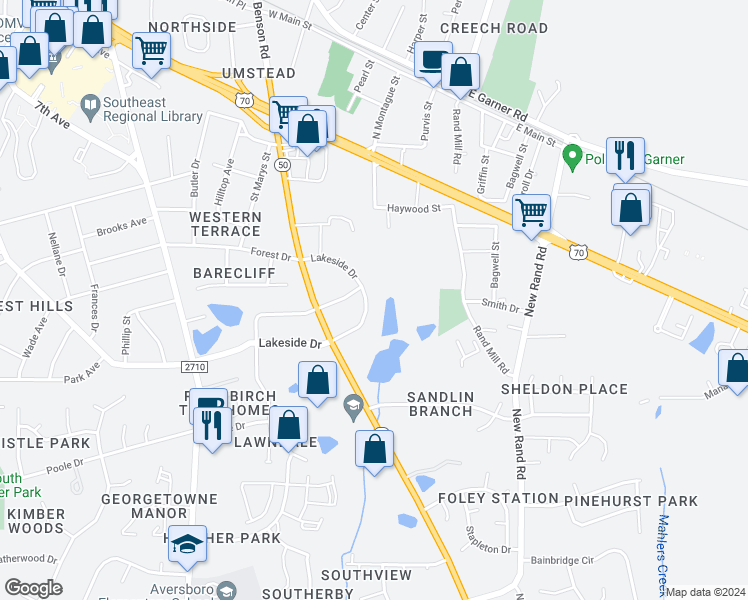 map of restaurants, bars, coffee shops, grocery stores, and more near 405 Lakeside Drive in Garner