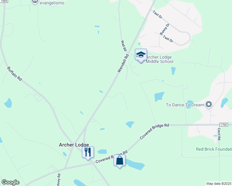 map of restaurants, bars, coffee shops, grocery stores, and more near 101 Etowah Drive in Wendell