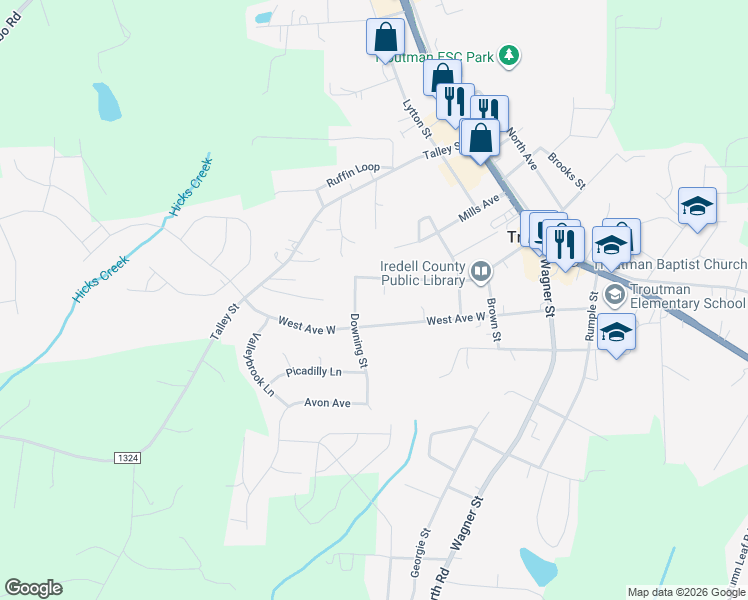 map of restaurants, bars, coffee shops, grocery stores, and more near 115 Downing Street in Troutman