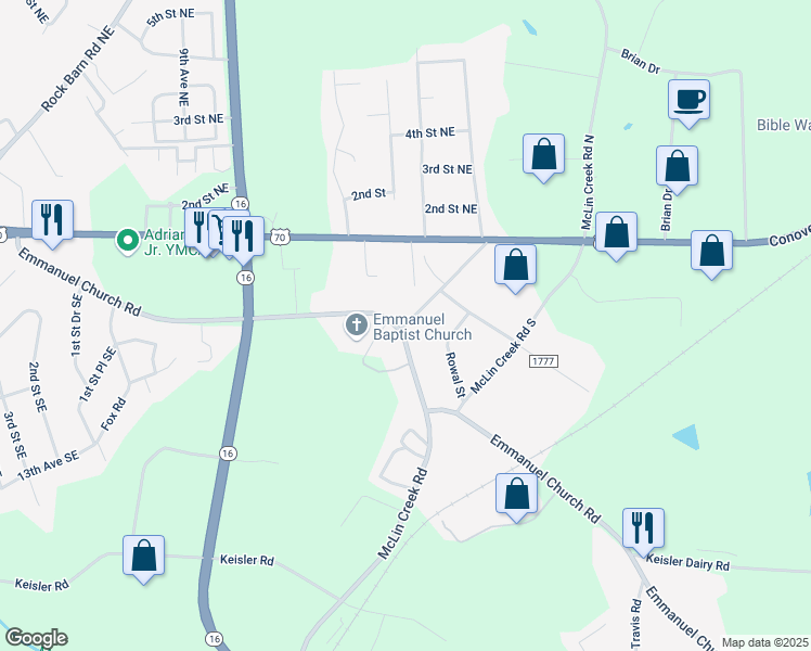 map of restaurants, bars, coffee shops, grocery stores, and more near 212-298 Lineberger Road in Conover