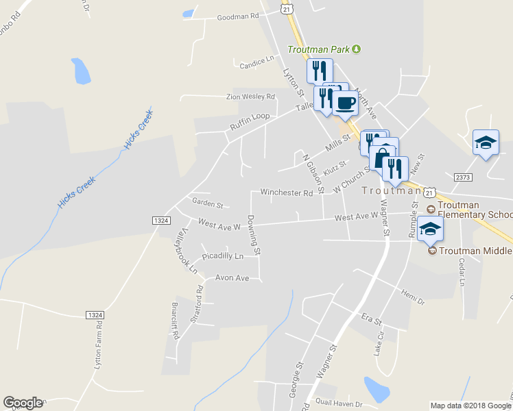 map of restaurants, bars, coffee shops, grocery stores, and more near 115 Downing Street in Troutman