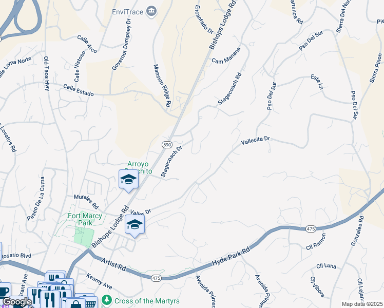 map of restaurants, bars, coffee shops, grocery stores, and more near 500 Hillcrest Drive in Santa Fe