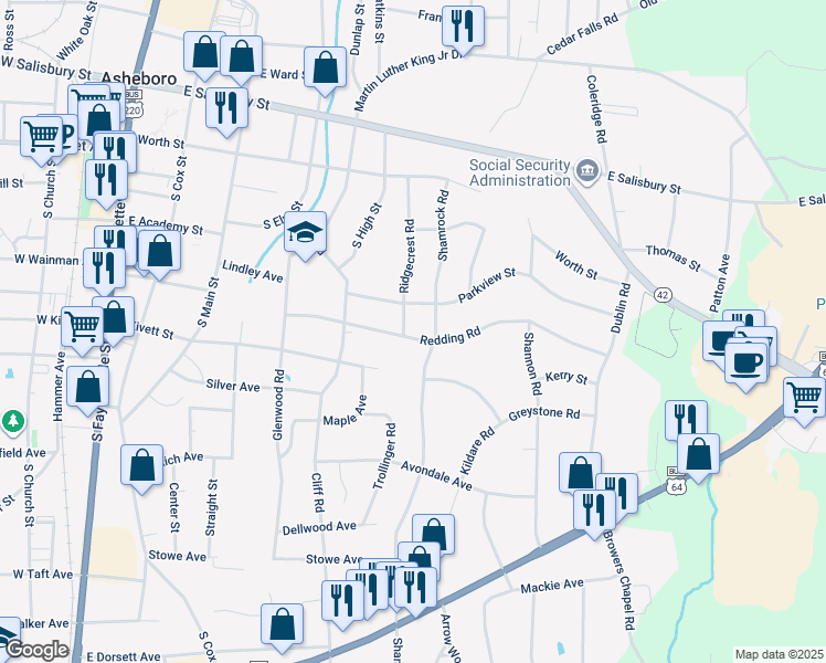 map of restaurants, bars, coffee shops, grocery stores, and more near 425 Ridgecrest Road in Asheboro