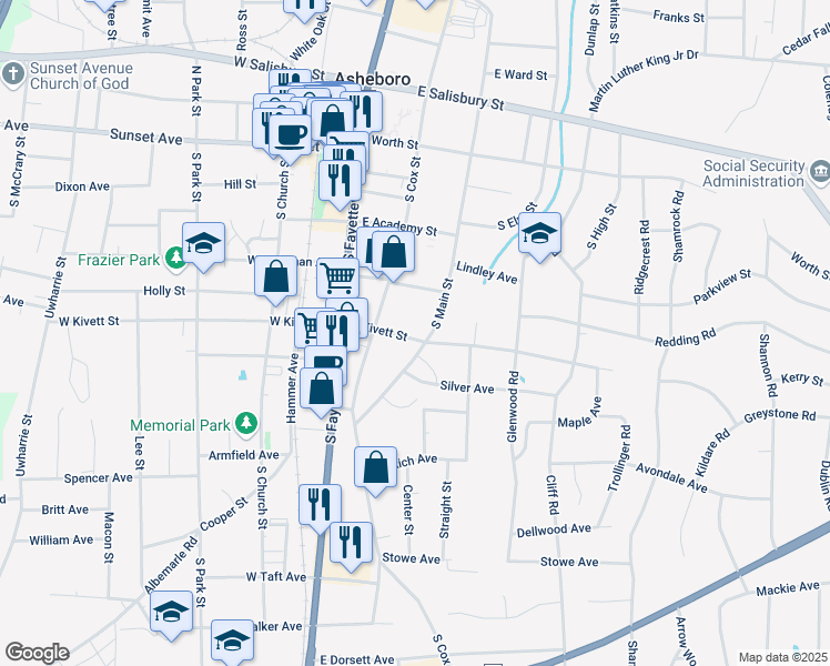 map of restaurants, bars, coffee shops, grocery stores, and more near 235 East Kivett Street in Asheboro