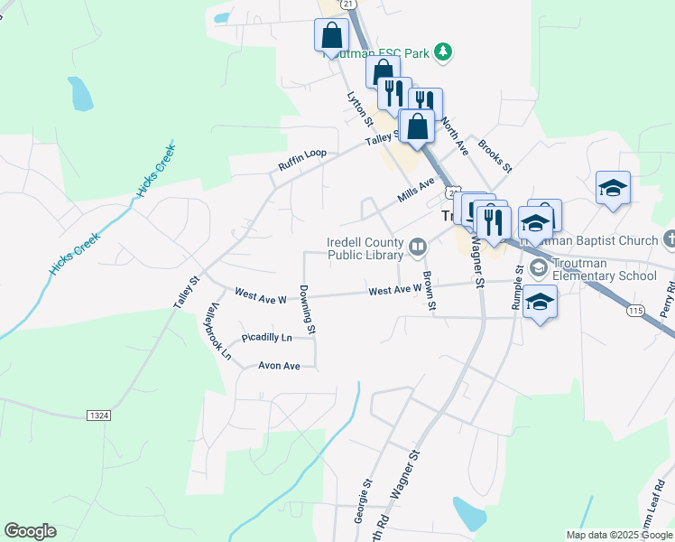 map of restaurants, bars, coffee shops, grocery stores, and more near 132 Paddington Court in Troutman