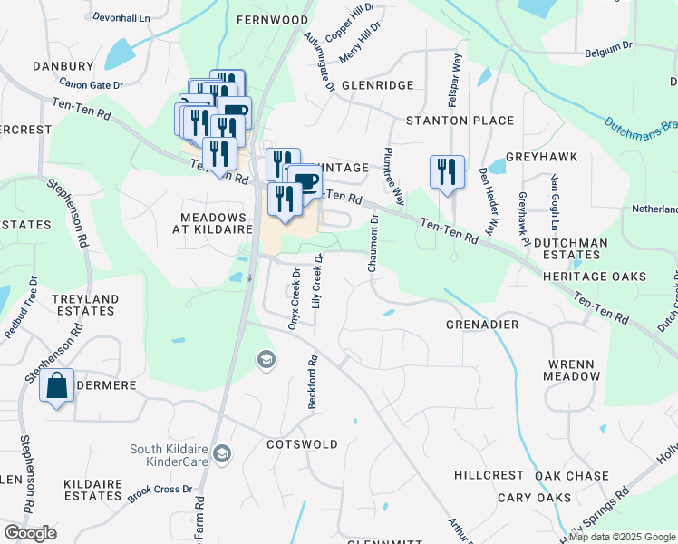 map of restaurants, bars, coffee shops, grocery stores, and more near 4000 Frontenac Court in Apex