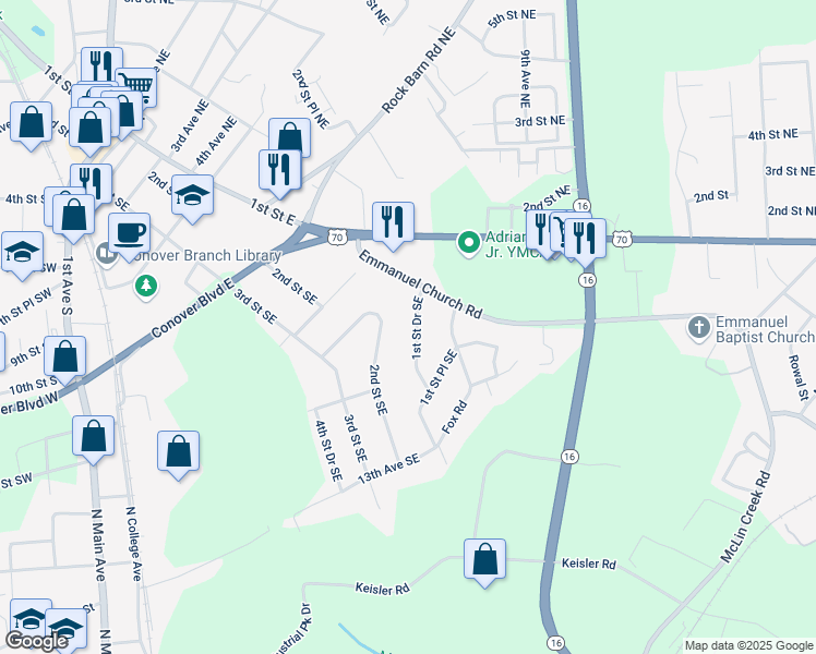 map of restaurants, bars, coffee shops, grocery stores, and more near 1004 1st St Dr SE in Conover
