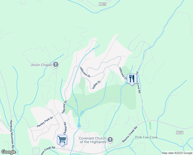 map of restaurants, bars, coffee shops, grocery stores, and more near 50 Hillcrest Drive in Weaverville