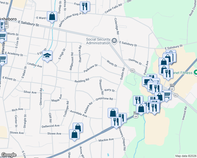 map of restaurants, bars, coffee shops, grocery stores, and more near 910 Redding Road in Asheboro