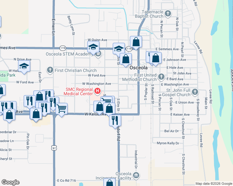 map of restaurants, bars, coffee shops, grocery stores, and more near 501 West Lee Avenue in Osceola