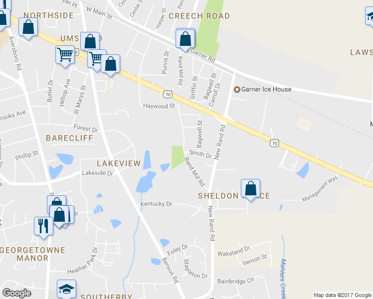 map of restaurants, bars, coffee shops, grocery stores, and more near 101 Smith Drive in Garner