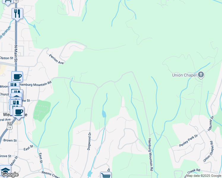 map of restaurants, bars, coffee shops, grocery stores, and more near 143 Hamburg Mountain Road in Weaverville