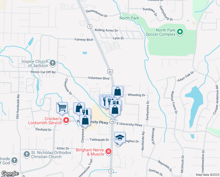 map of restaurants, bars, coffee shops, grocery stores, and more near 3271 Tennessee 5 in Jackson