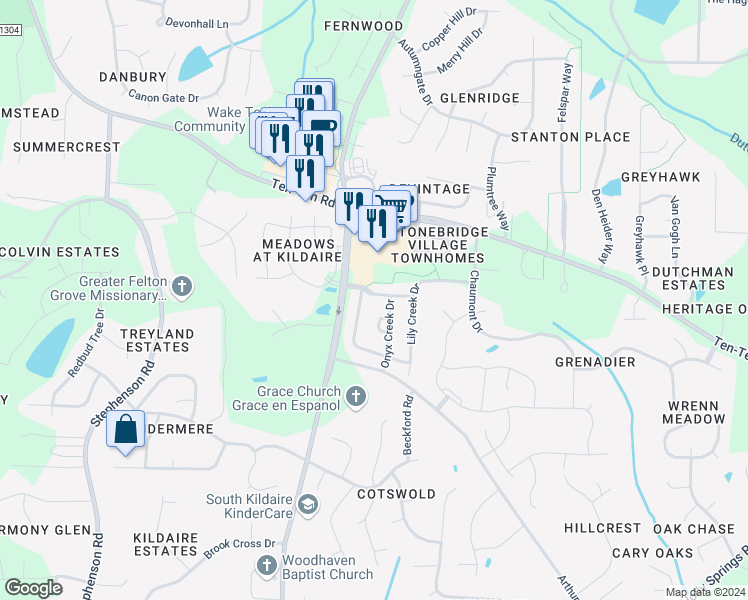 map of restaurants, bars, coffee shops, grocery stores, and more near 4020 Franks Creek Drive in Cary