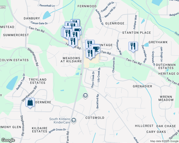 map of restaurants, bars, coffee shops, grocery stores, and more near 4020 Franks Creek Drive in Cary
