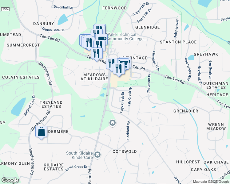 map of restaurants, bars, coffee shops, grocery stores, and more near 4012 Franks Creek Drive in Cary