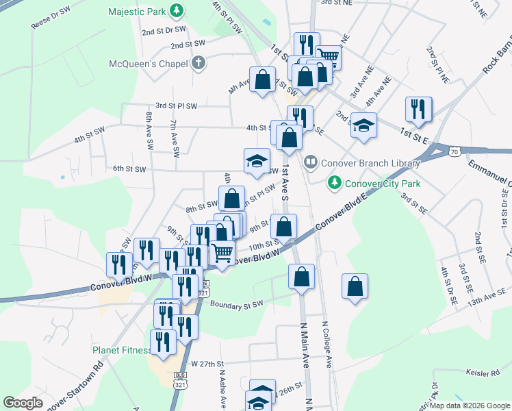 map of restaurants, bars, coffee shops, grocery stores, and more near 307 7th Street Place Southwest in Conover