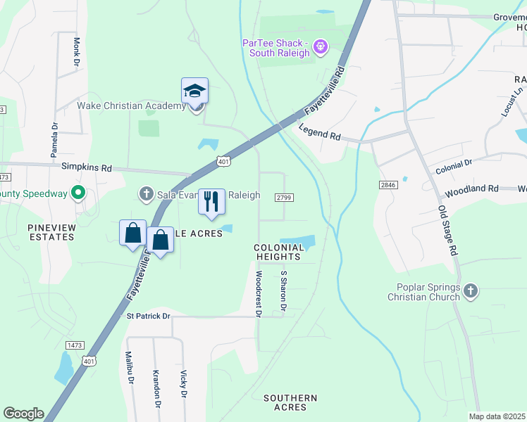 map of restaurants, bars, coffee shops, grocery stores, and more near 5735 Woodcrest Drive in Raleigh