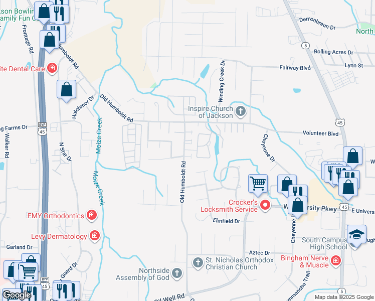 map of restaurants, bars, coffee shops, grocery stores, and more near 621 Old Humboldt Road in Jackson