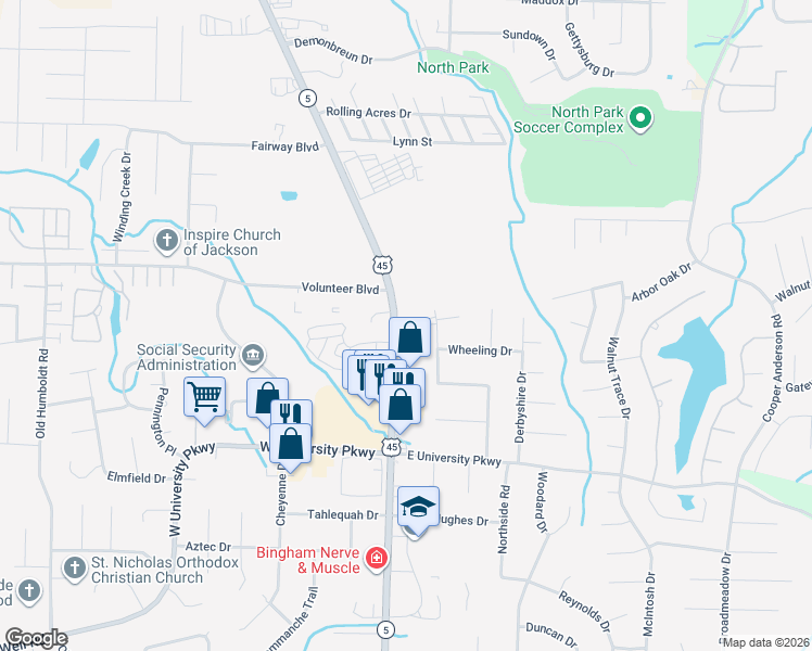 map of restaurants, bars, coffee shops, grocery stores, and more near 203 Charlesmeade Drive in Jackson