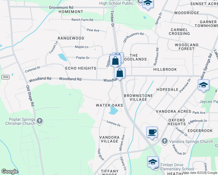 map of restaurants, bars, coffee shops, grocery stores, and more near 818 Oakwater Drive in Garner