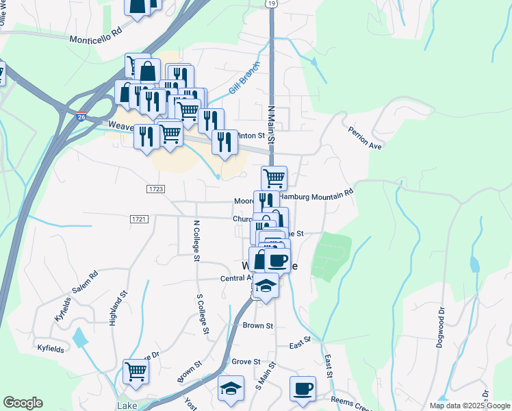 map of restaurants, bars, coffee shops, grocery stores, and more near 120 Moore Street in Weaverville