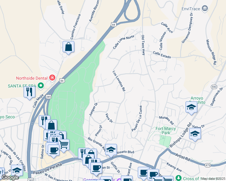 map of restaurants, bars, coffee shops, grocery stores, and more near 409 Estrella Court in Santa Fe