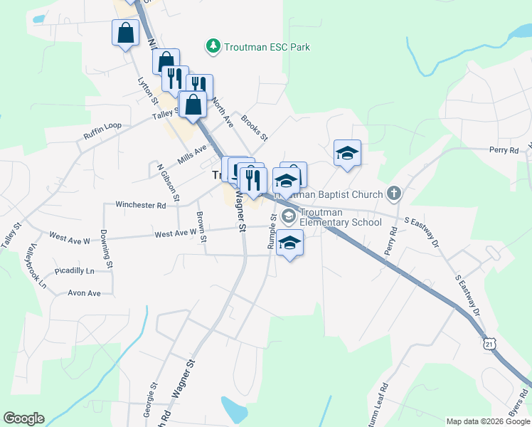 map of restaurants, bars, coffee shops, grocery stores, and more near 150 South Main Street in Troutman