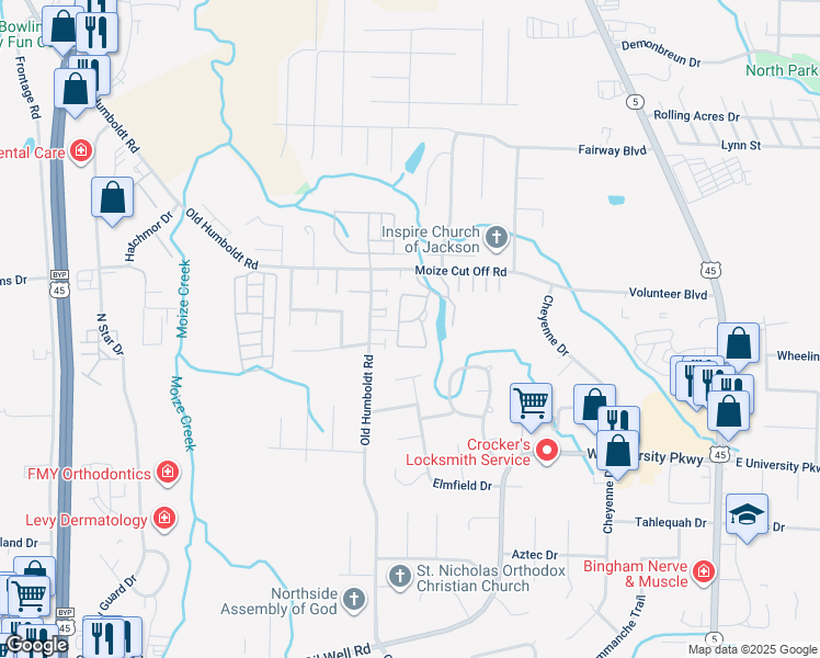 map of restaurants, bars, coffee shops, grocery stores, and more near 107 Augusta Circle in Jackson