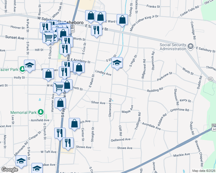 map of restaurants, bars, coffee shops, grocery stores, and more near 417E East Kivett Street in Asheboro