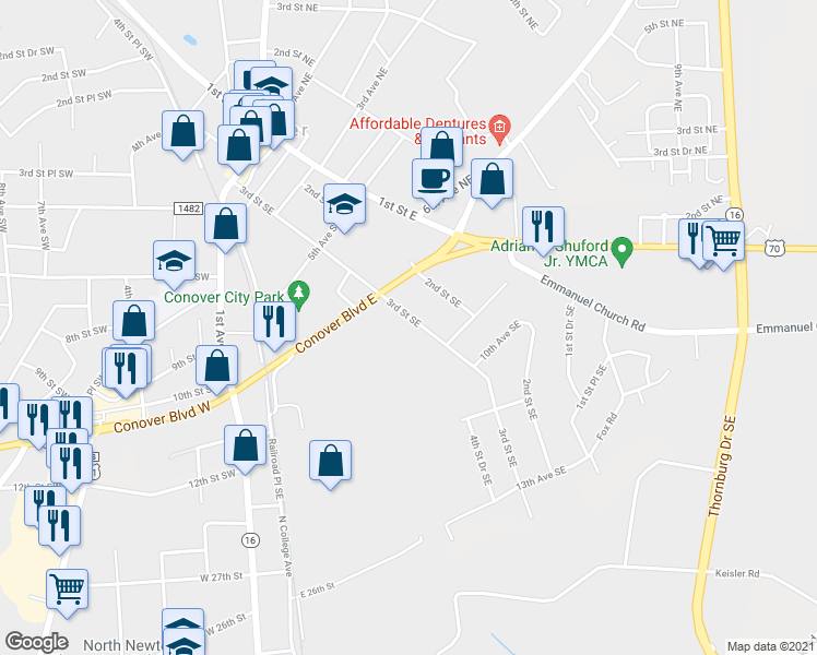 map of restaurants, bars, coffee shops, grocery stores, and more near 702 3rd Street Southeast in Conover