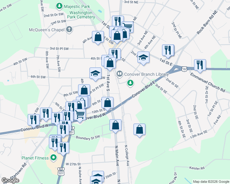 map of restaurants, bars, coffee shops, grocery stores, and more near 912 2nd Ave SE in Conover