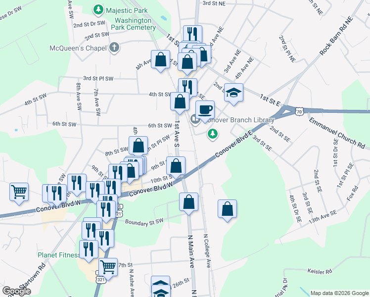 map of restaurants, bars, coffee shops, grocery stores, and more near in Conover