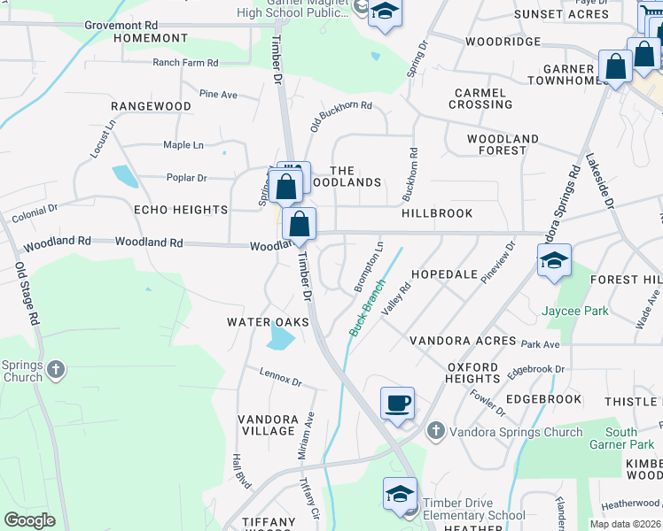 map of restaurants, bars, coffee shops, grocery stores, and more near 105 Stanfield Court in Garner