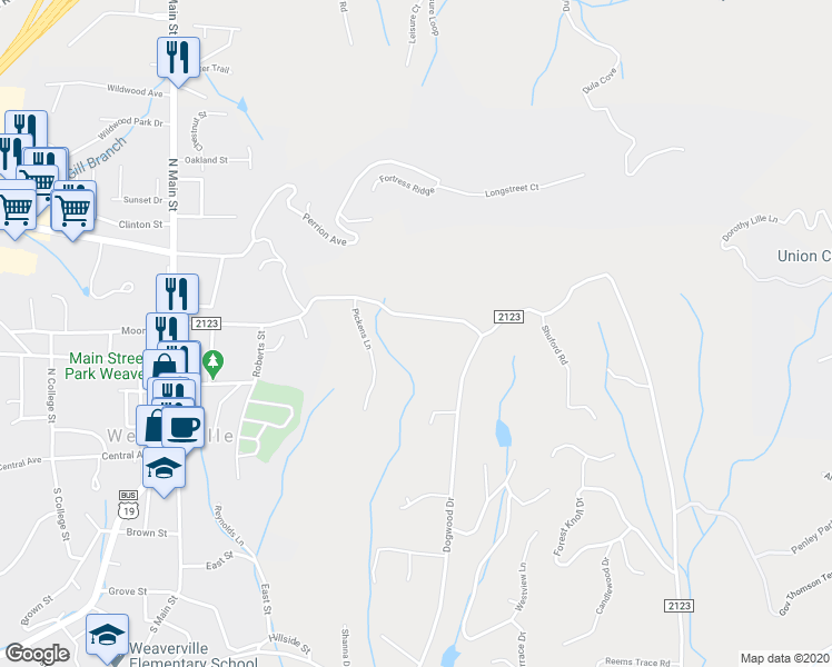 map of restaurants, bars, coffee shops, grocery stores, and more near 109 Hamburg Mountain Road in Weaverville