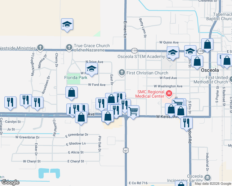 map of restaurants, bars, coffee shops, grocery stores, and more near 914 North Garden Drive in Osceola
