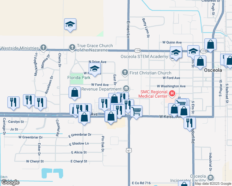 map of restaurants, bars, coffee shops, grocery stores, and more near 914 North Garden Drive in Osceola