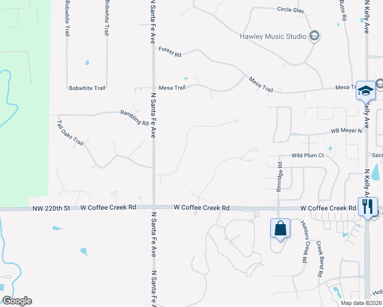map of restaurants, bars, coffee shops, grocery stores, and more near 2108 Woodhill Road in Edmond