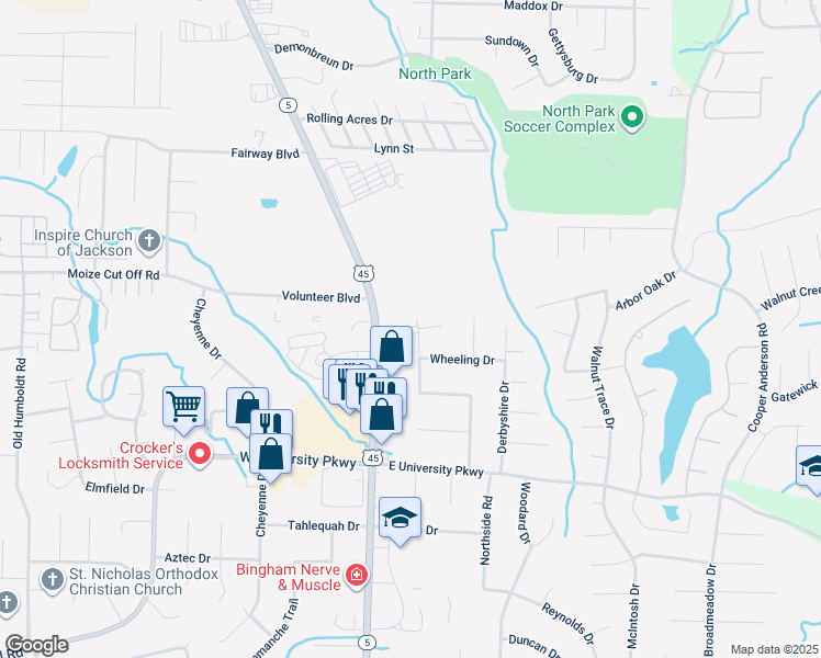 map of restaurants, bars, coffee shops, grocery stores, and more near 203 Charlesmeade Drive in Jackson