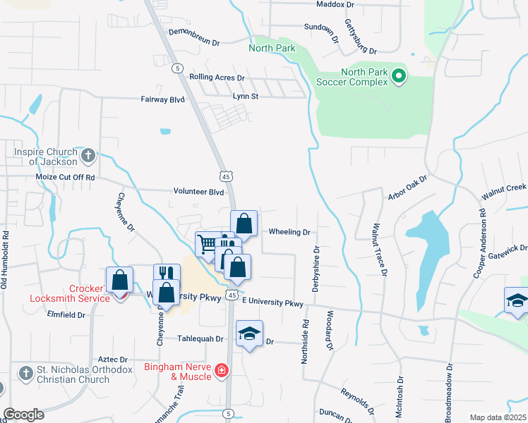 map of restaurants, bars, coffee shops, grocery stores, and more near 203 Charlesmeade Drive in Jackson