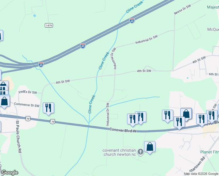 map of restaurants, bars, coffee shops, grocery stores, and more near 511 Bumgarner Industrial Drive in Conover