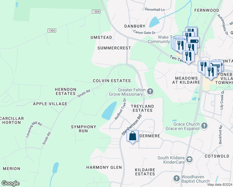 map of restaurants, bars, coffee shops, grocery stores, and more near 116 Pondside Drive in Apex