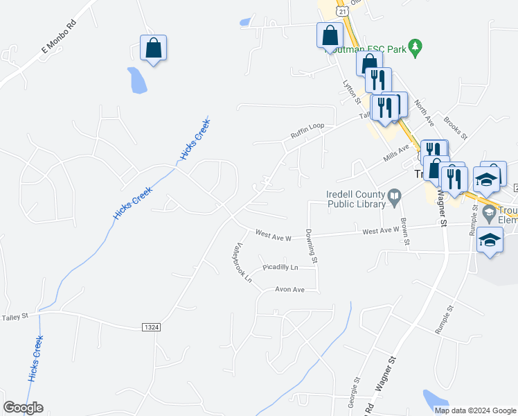 map of restaurants, bars, coffee shops, grocery stores, and more near 115 Garden Street in Troutman
