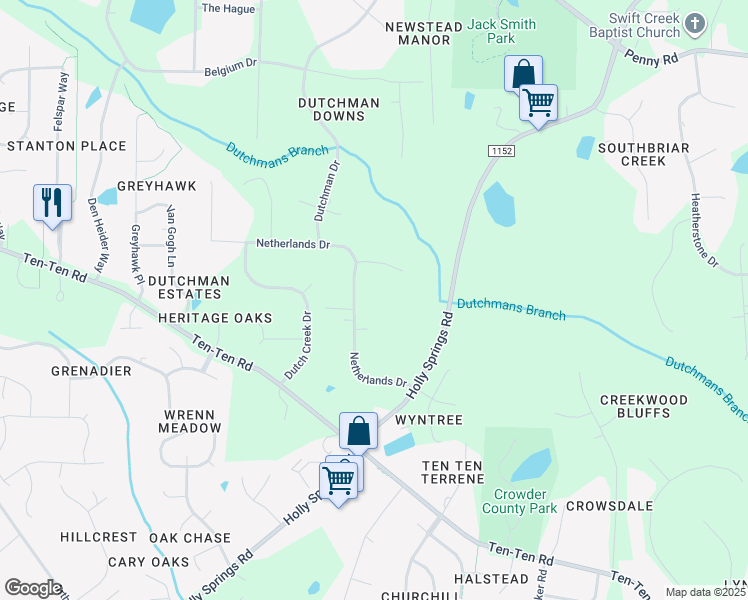 map of restaurants, bars, coffee shops, grocery stores, and more near 7916 Netherlands Drive in Raleigh