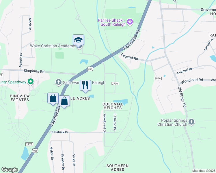 map of restaurants, bars, coffee shops, grocery stores, and more near 5735 Woodcrest Drive in Raleigh