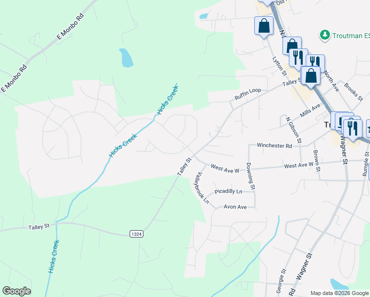 map of restaurants, bars, coffee shops, grocery stores, and more near 437 Talley Street in Troutman