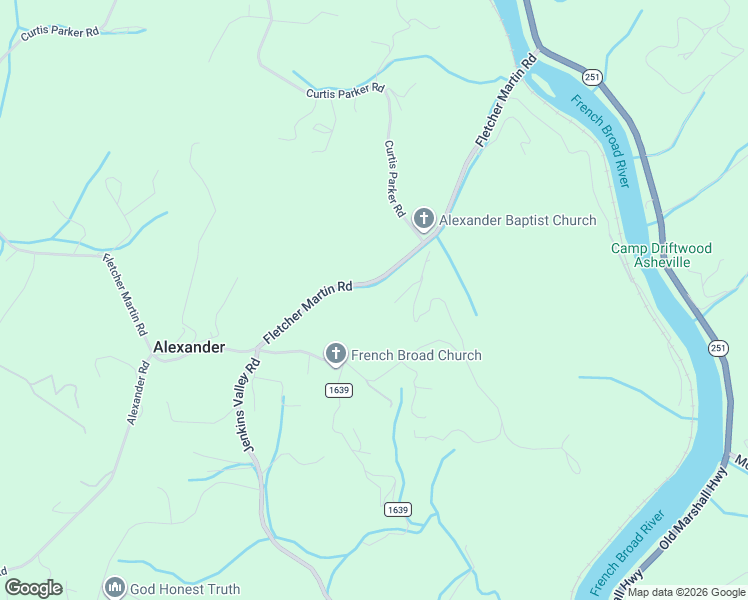 map of restaurants, bars, coffee shops, grocery stores, and more near 234 Fletcher Martin Road in Alexander