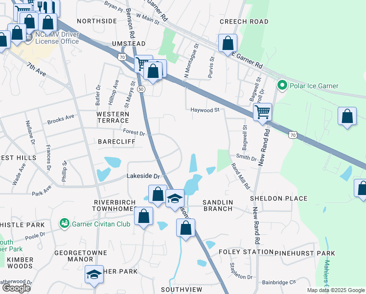map of restaurants, bars, coffee shops, grocery stores, and more near 405 Lakeside Drive in Garner