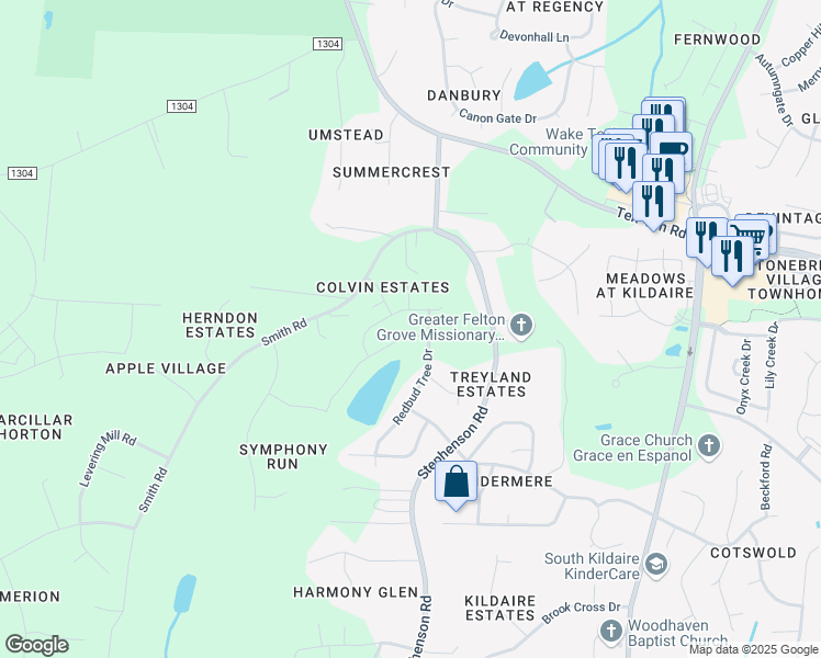 map of restaurants, bars, coffee shops, grocery stores, and more near 108 Pondside Drive in Apex